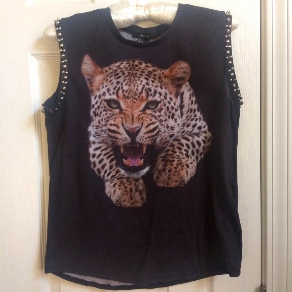 💗Forever 21 Leopard Metal Bead Trimmed Sleeveless Top